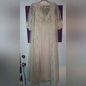 Shadowline 1950s Nylon Lace Beaded Nightie/Robe Lingerie Set Small Made In USA